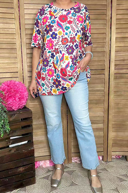 Spring multicolor floral printed short sleeve women top GJQ16622