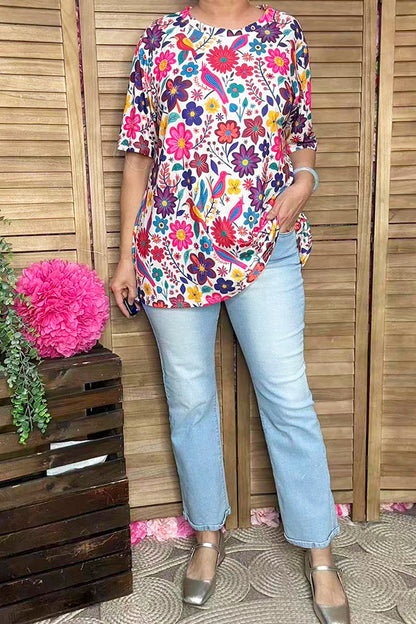 Spring multicolor floral printed short sleeve women top GJQ16622