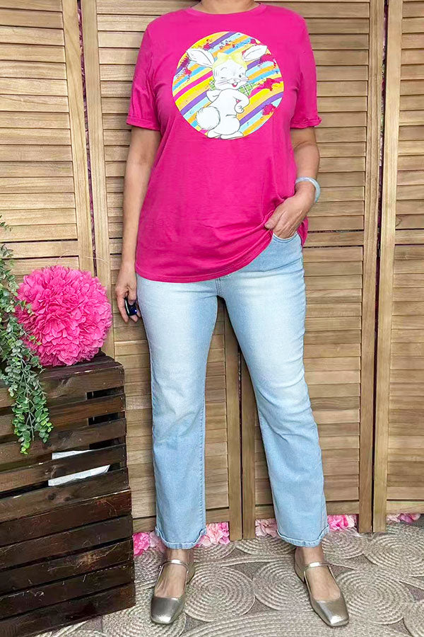 Fuchsia Cute bunny easter printed short t-shirt DLH10495