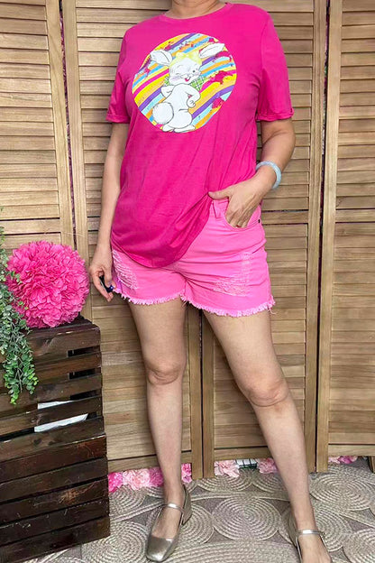 Fuchsia Cute bunny easter printed short t-shirt DLH10495