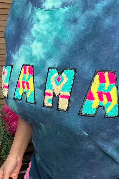 Women's t-shirt wholesale MAMA embroidery tie dye blue top DLH13613