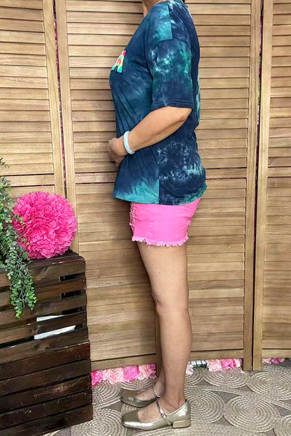 Women's t-shirt wholesale MAMA embroidery tie dye blue top DLH13613