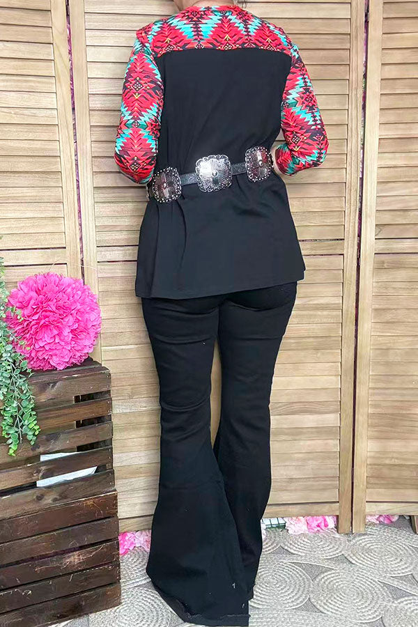 Aztec multi color printed 3/4 sleeve black block solid color women tops XCH15543