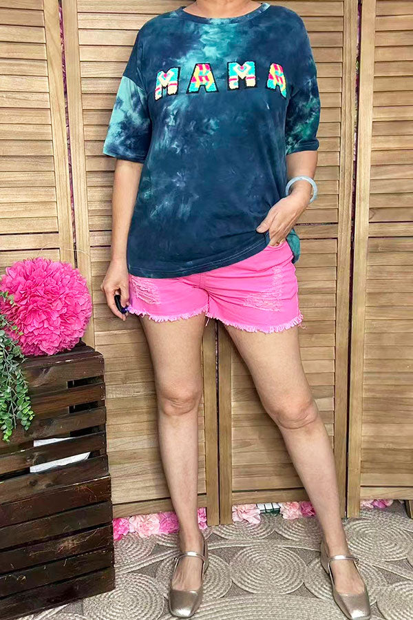 Women's t-shirt wholesale MAMA embroidery tie dye blue top DLH13613