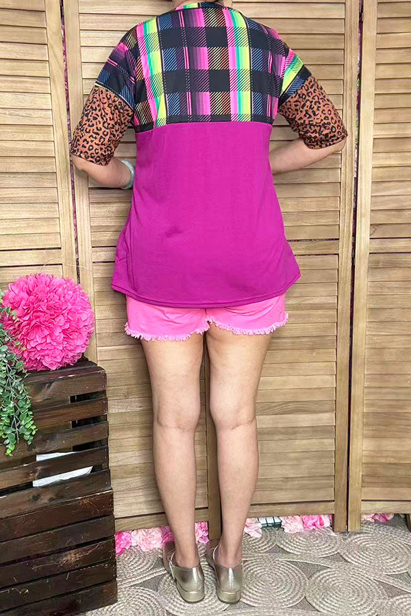 Plaid/purple leopard & fuchsia color blocked short sleeve women top YMY9947