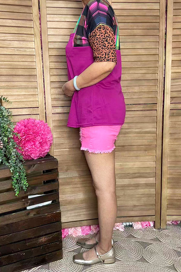 Plaid/purple leopard & fuchsia color blocked short sleeve women top YMY9947