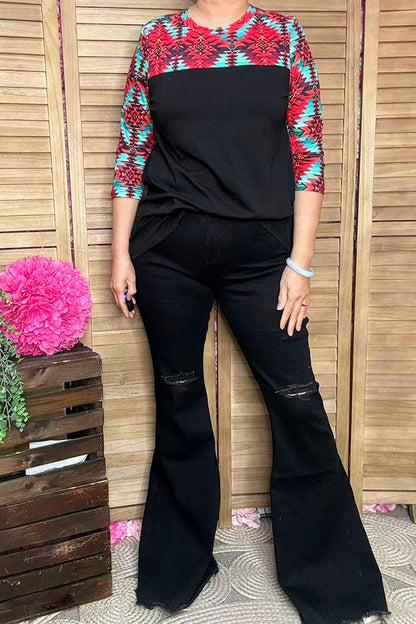 Aztec multi color printed 3/4 sleeve black block solid color women tops XCH15543