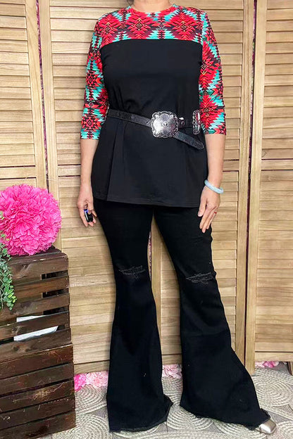 Aztec multi color printed 3/4 sleeve black block solid color women tops XCH15543