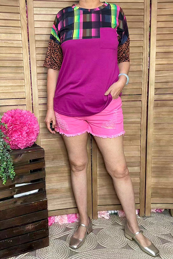 Plaid/purple leopard & fuchsia color blocked short sleeve women top YMY9947