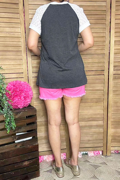 Grey/white/coral block color lace short sleeves women tops XCH14952
