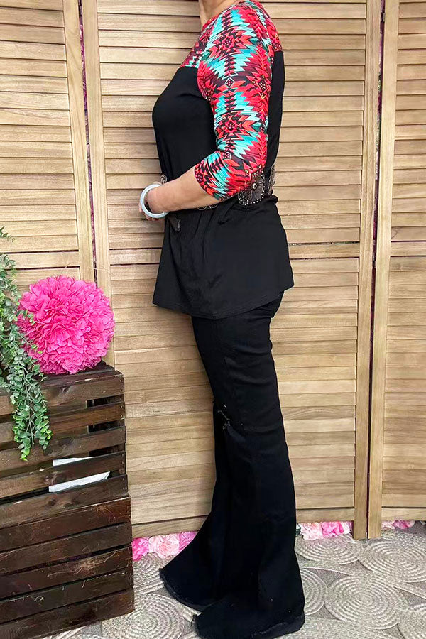Aztec multi color printed 3/4 sleeve black block solid color women tops XCH15543