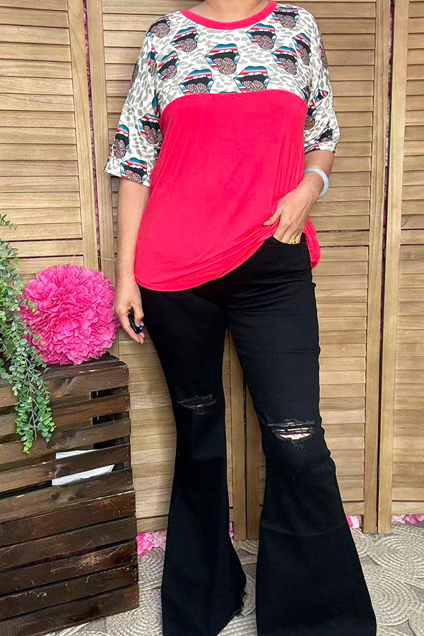 Mouths leopard multi printed block red short sleeves women tops FW9820