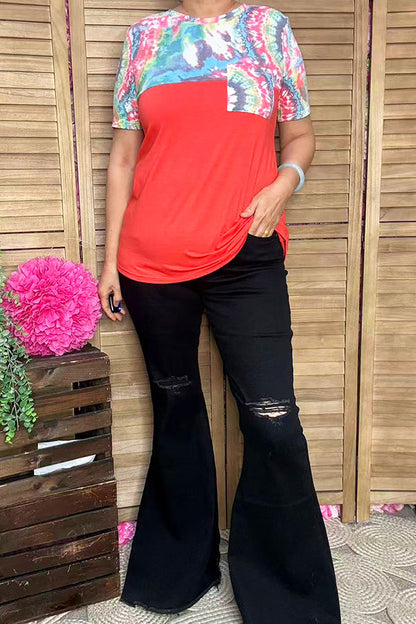 Orange/multi color tie dye short sleeve top w/front pocket GJQ9208