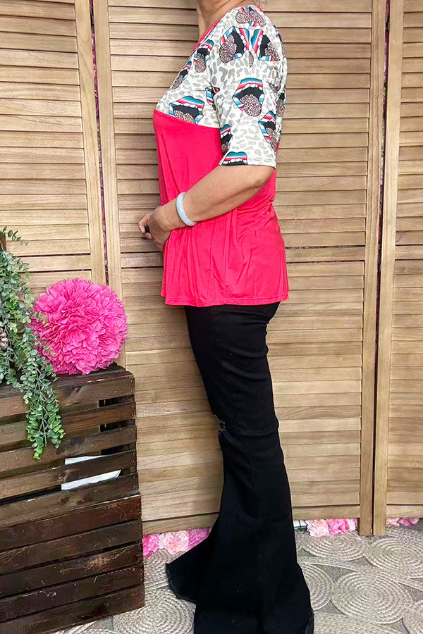 Mouths leopard multi printed block red short sleeves women tops FW9820