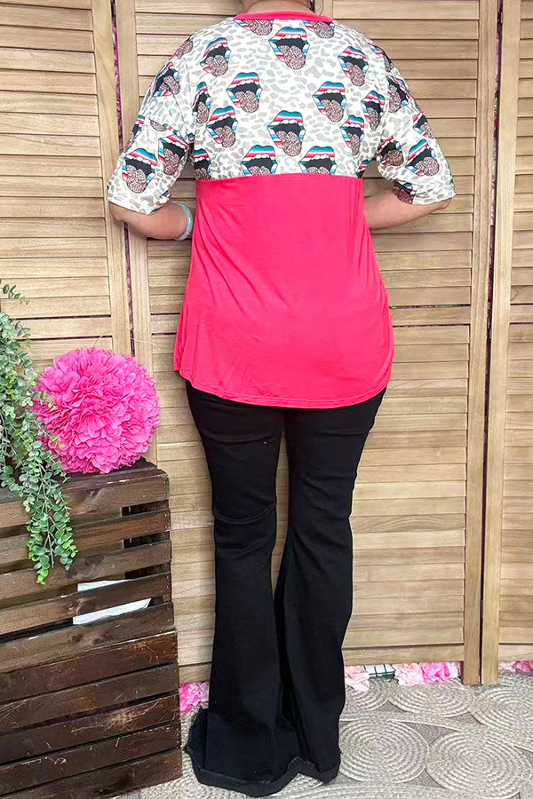 Mouths leopard multi printed block red short sleeves women tops FW9820