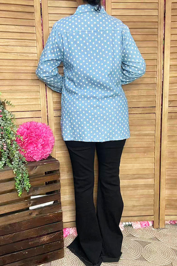 4th of July washed denim stars button up women's blouse DLH14691