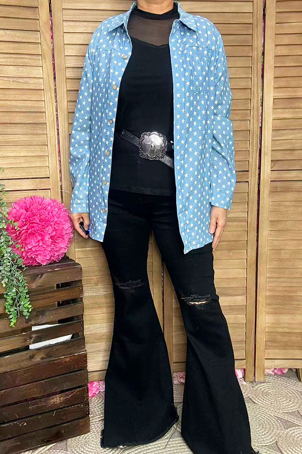 4th of July washed denim stars button up women's blouse DLH14691