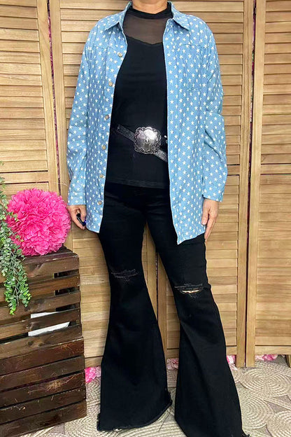4th of July washed denim stars button up women's blouse DLH14691
