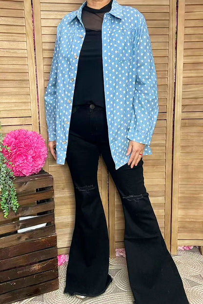4th of July washed denim stars button up women's blouse DLH14691