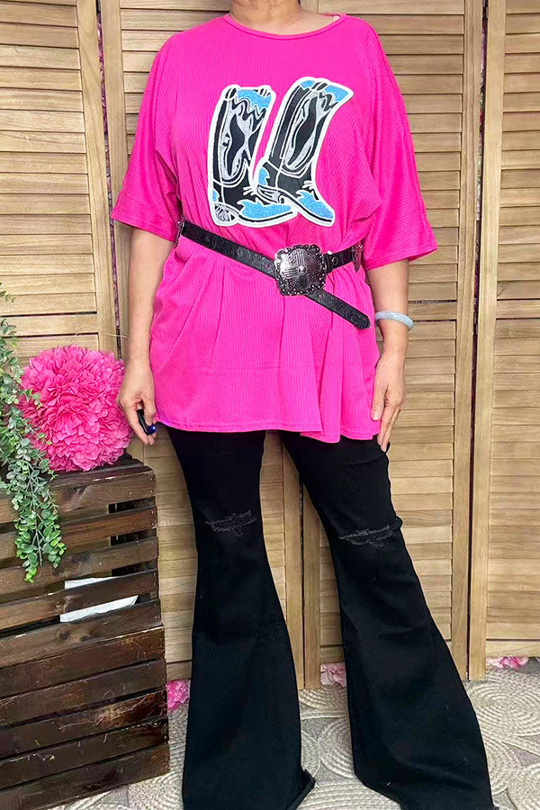 Glitter boots printed pink short sleeve women top DLH14240