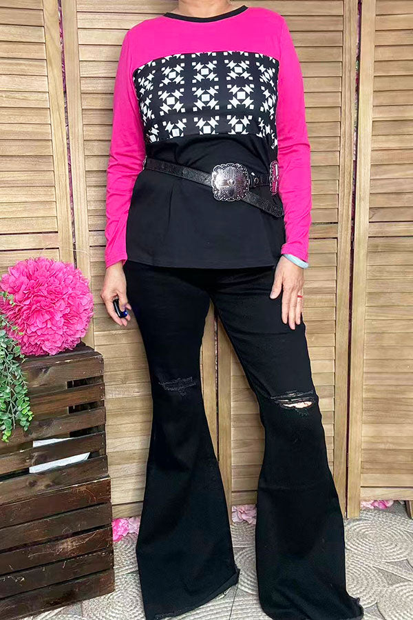 White graphic with block pink/black long sleeve women tops GJQ15226