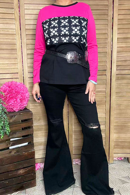White graphic with block pink/black long sleeve women tops GJQ15226