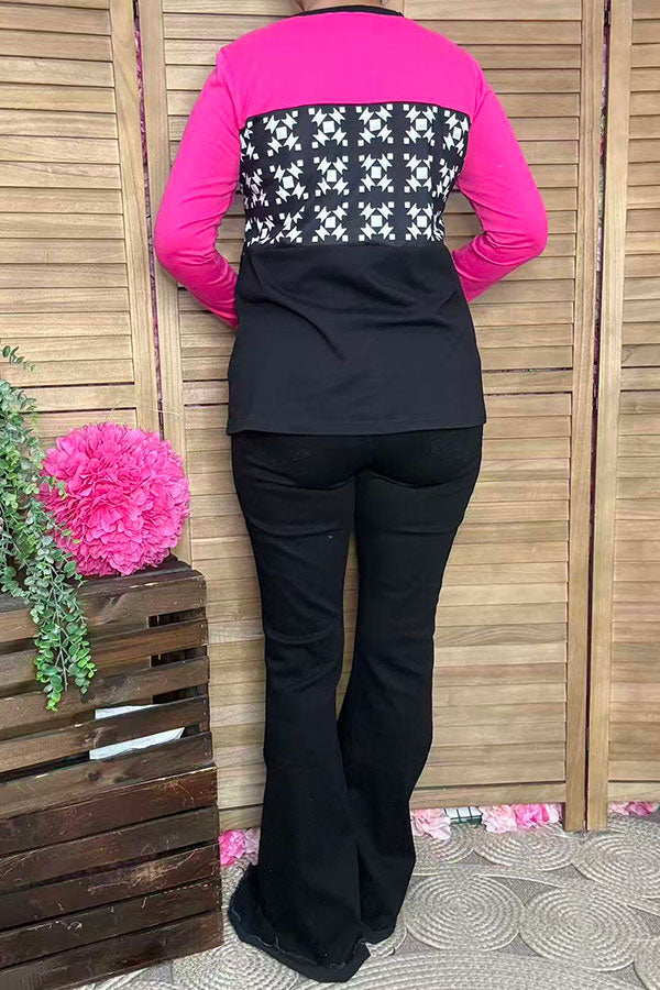 White graphic with block pink/black long sleeve women tops GJQ15226