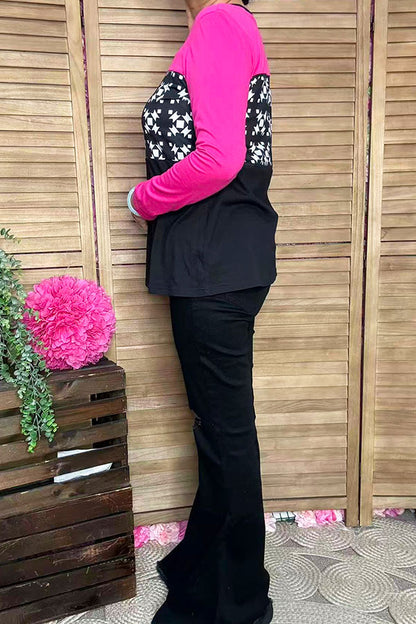 White graphic with block pink/black long sleeve women tops GJQ15226