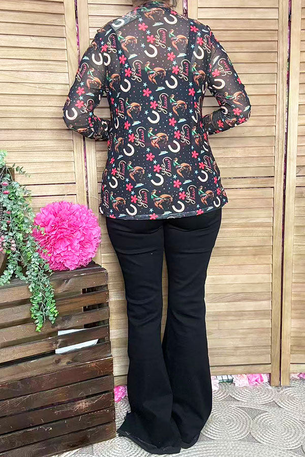 Southern Stitch western yeehaw riding sheer long sleeve women top XCH17056