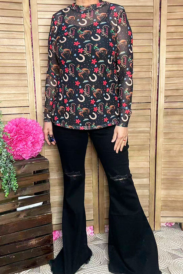 Southern Stitch western yeehaw riding sheer long sleeve women top XCH17056