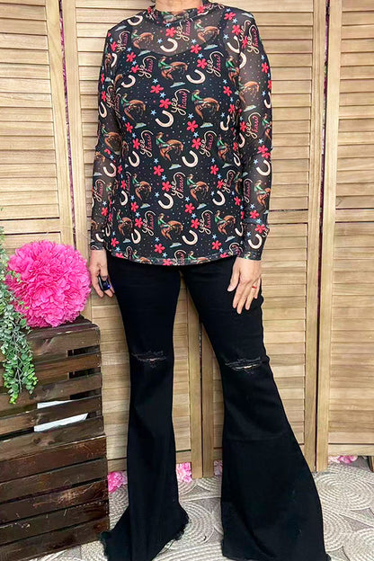 Southern Stitch western yeehaw riding sheer long sleeve women top XCH17056