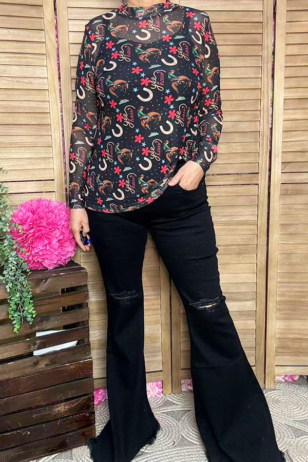 Southern Stitch western yeehaw riding sheer long sleeve women top XCH17056