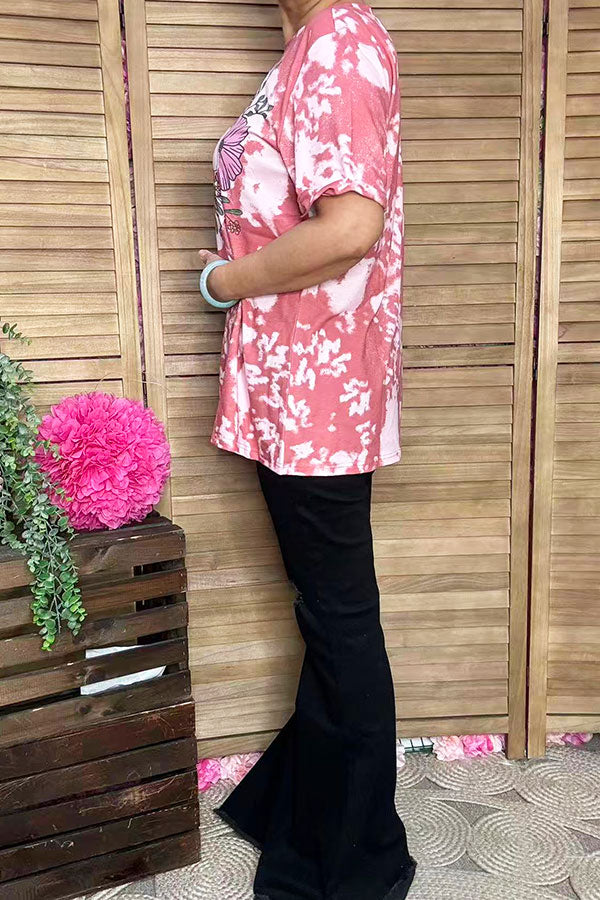 XCH14180 MAMA & Floral printed coral short sleeve women top