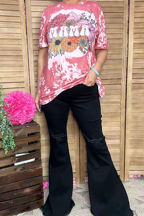XCH14180 MAMA & Floral printed coral short sleeve women top