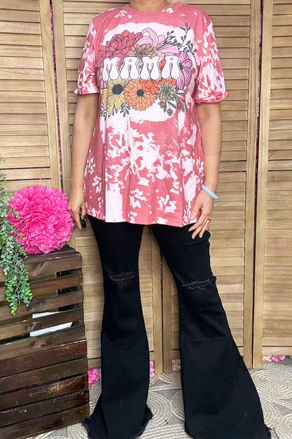 XCH14180 MAMA & Floral printed coral short sleeve women top