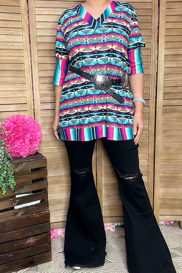 GJQ12242 Multi color Aztec & serape printed tunic top