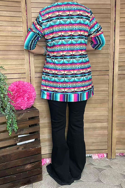 GJQ12242 Multi color Aztec & serape printed tunic top