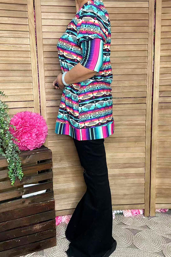 GJQ12242 Multi color Aztec & serape printed tunic top