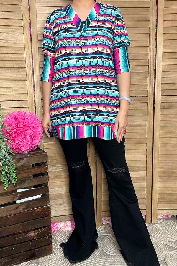 GJQ12242 Multi color Aztec & serape printed tunic top