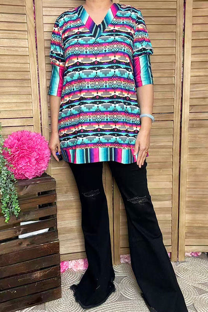 GJQ12242 Multi color Aztec & serape printed tunic top