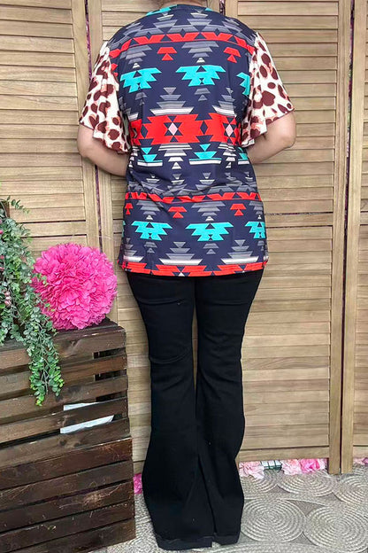 Aztec and Leopard multi color printed bell short sleeves women tops GJQ14404