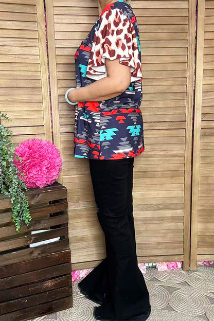 Aztec and Leopard multi color printed bell short sleeves women tops GJQ14404
