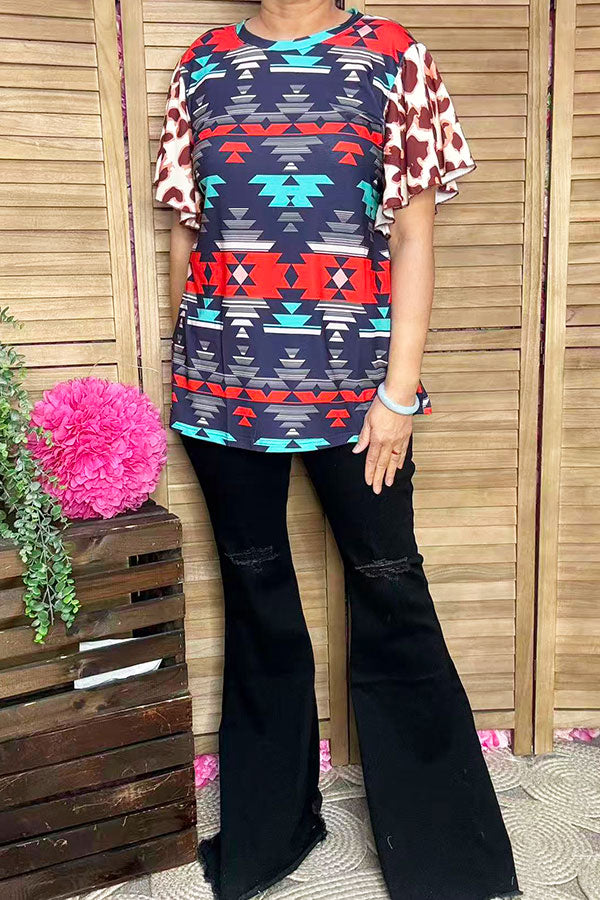 Aztec and Leopard multi color printed bell short sleeves women tops GJQ14404