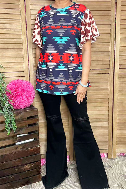 Aztec and Leopard multi color printed bell short sleeves women tops GJQ14404