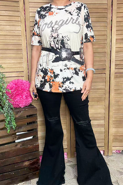 DLH14163 Cow horse riding multi color printed short sleeves women tops