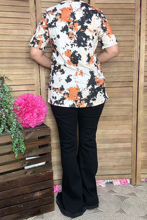 DLH14163 Cow horse riding multi color printed short sleeves women tops