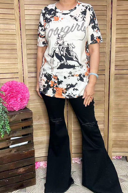DLH14163 Cow horse riding multi color printed short sleeves women tops