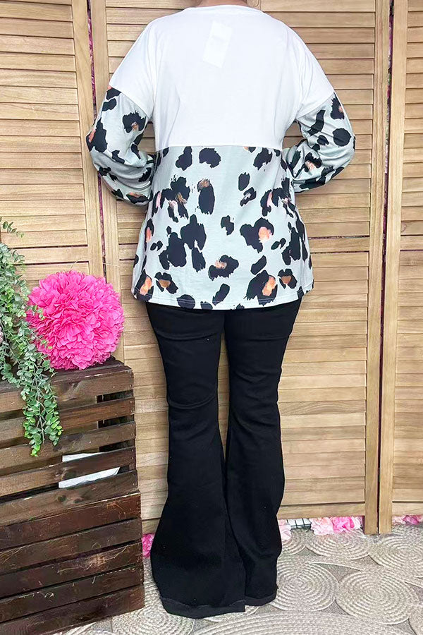 Leopard & white color block long sleeve women blouse GJQ14288