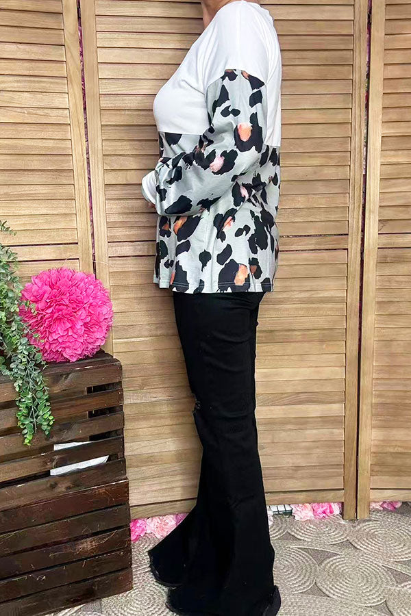 Leopard & white color block long sleeve women blouse GJQ14288