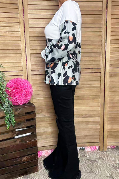 Leopard & white color block long sleeve women blouse GJQ14288
